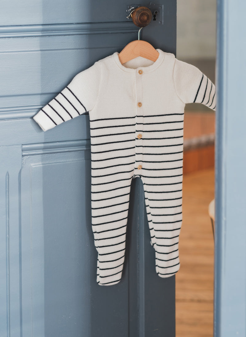Little Sailor Footed Jumpsuit - Ecru With Navy Stripes