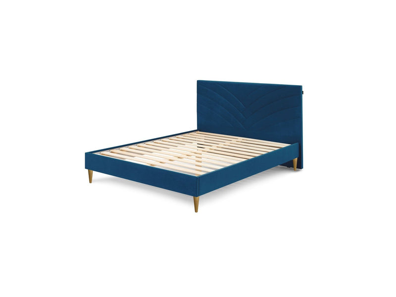 Lit Avec Lattes Massives Pieds En Bois Naturel - Velvet - Bleu Marine