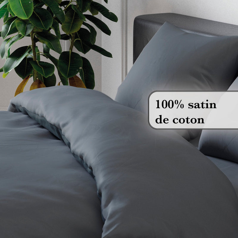 Arles - Housse De Couette + Taie(s) D'Oreiller Satin De Coton Uni Gris Clair