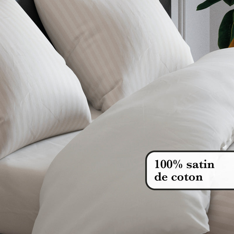 Jacquard - Set De 2 Taies D'Oreiller Satin De Coton Rayure Tissé Jacquard Taupe