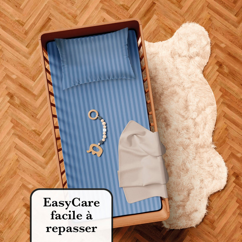 Jacquard - Housse De Couette + Taie(s) D'Oreiller Bébé Satin De Coton Rayure Tissé Jacquard Bleu