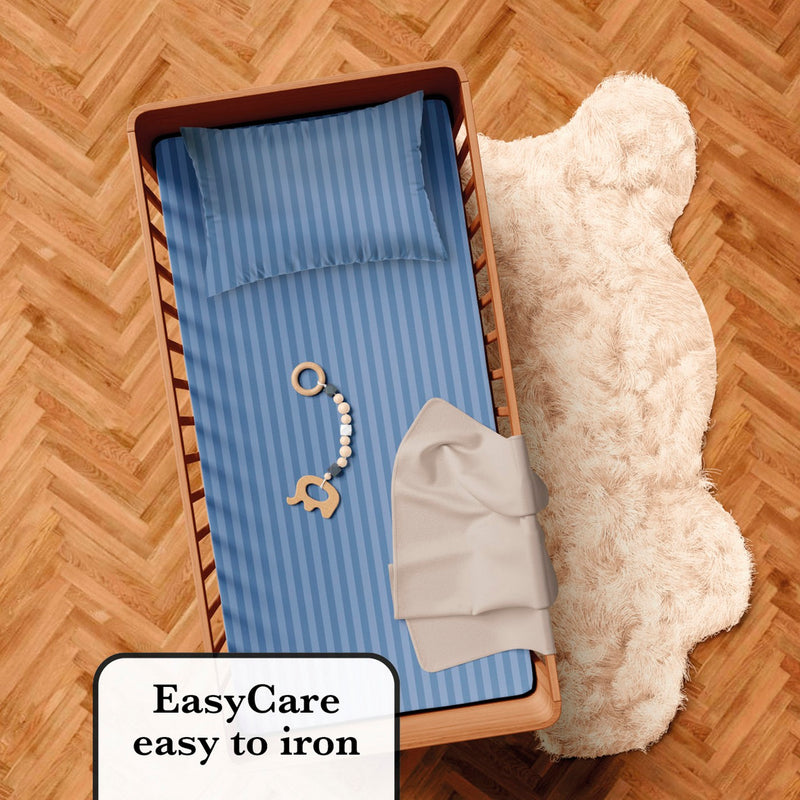 Jacquard - Housse De Couette + Taie(s) D'Oreiller Bébé Satin De Coton Rayure Tissé Jacquard Bleu