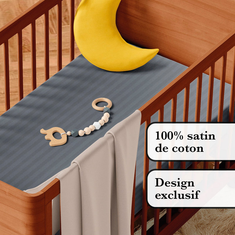 Jacquard - Housse De Couette + Taie(s) D'Oreiller Bébé Satin De Coton Rayure Tissé Jacquard Gris Foncé