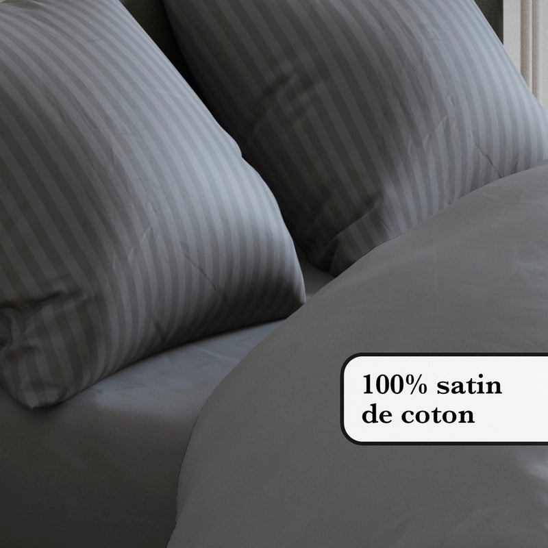 Jacquard - Set De 2 Taies D'Oreiller Satin De Coton Rayure Tissé Jacquard Gris Foncé