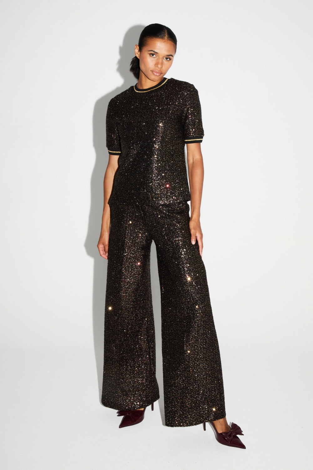 Pantalon Charlie Paillettes Bordeaux Et Or Fabriqué En Italie