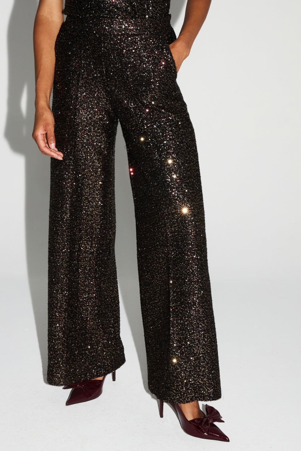 Pantalon Charlie Paillettes Bordeaux Et Or Fabriqué En Italie