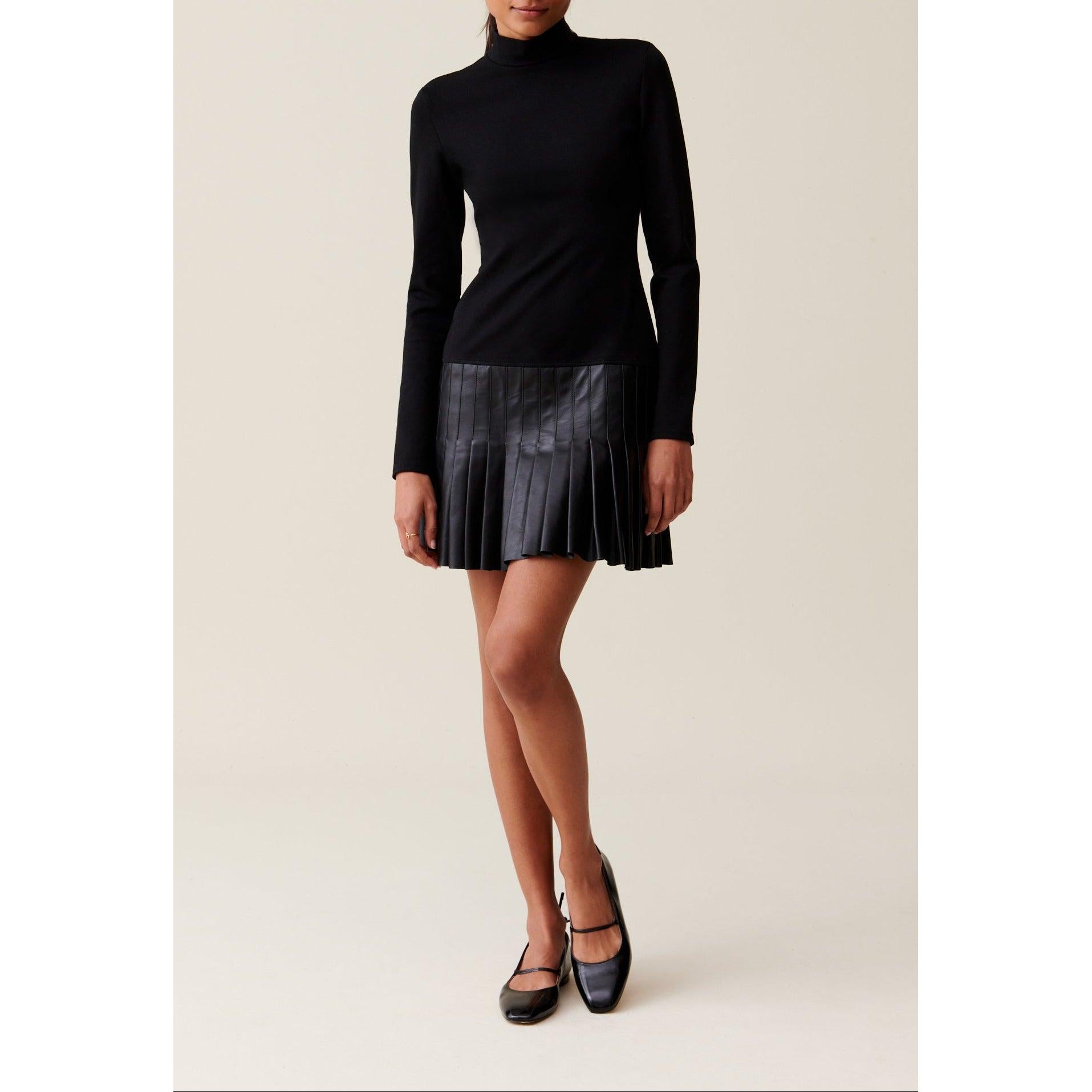 Robe Noire Bi-Matière Cuir