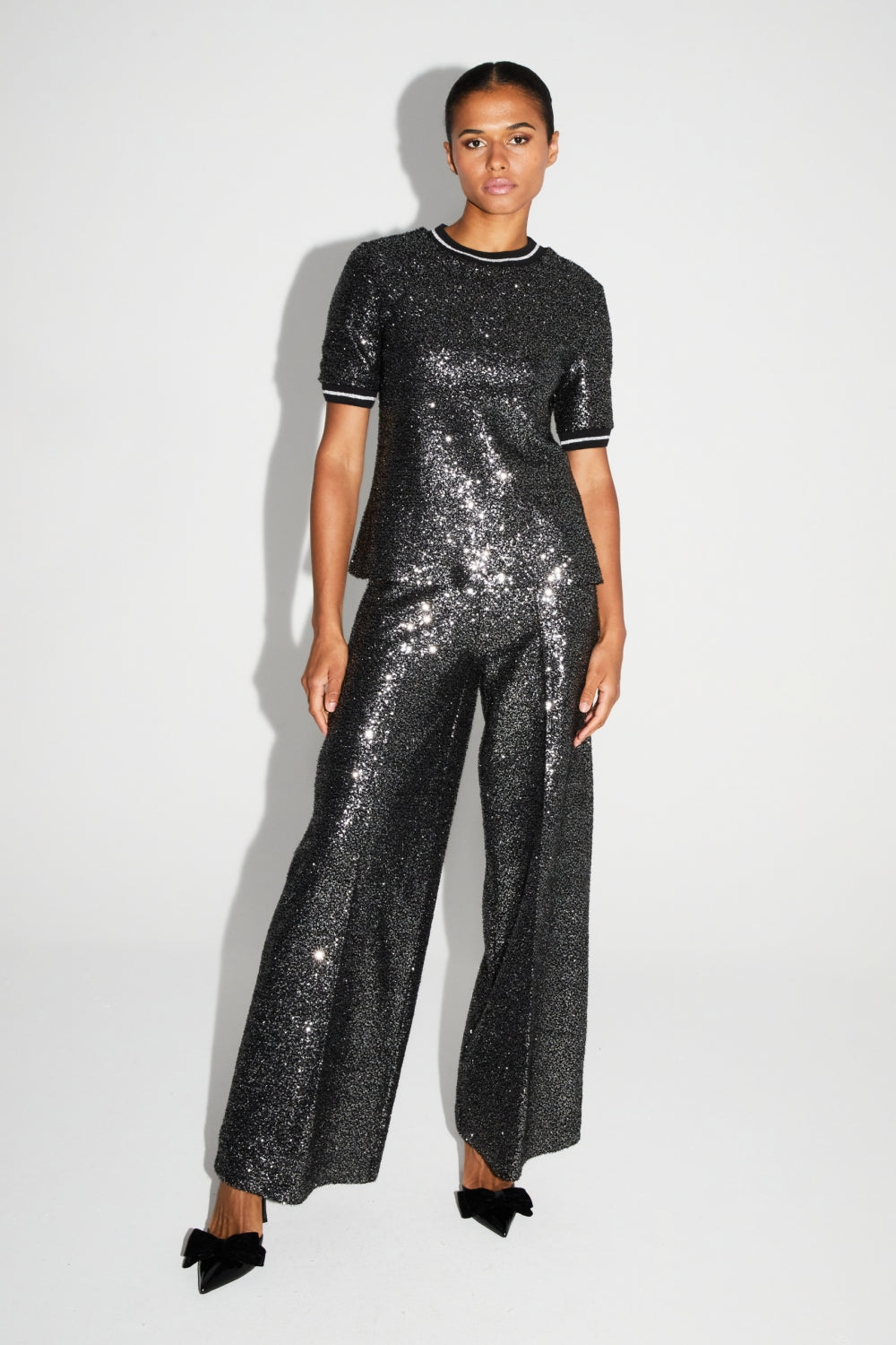 Pantalon Charlie Paillettes Noir Et Argent Fabriqué En Italie