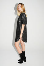 Robe Alix Paillettes Noir Et Argent, Fabriquée En Italie