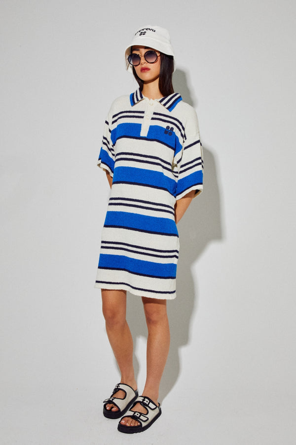 Ricky Blue Polo Dress In Cotton Terry Yarn, Knitted In Italy
