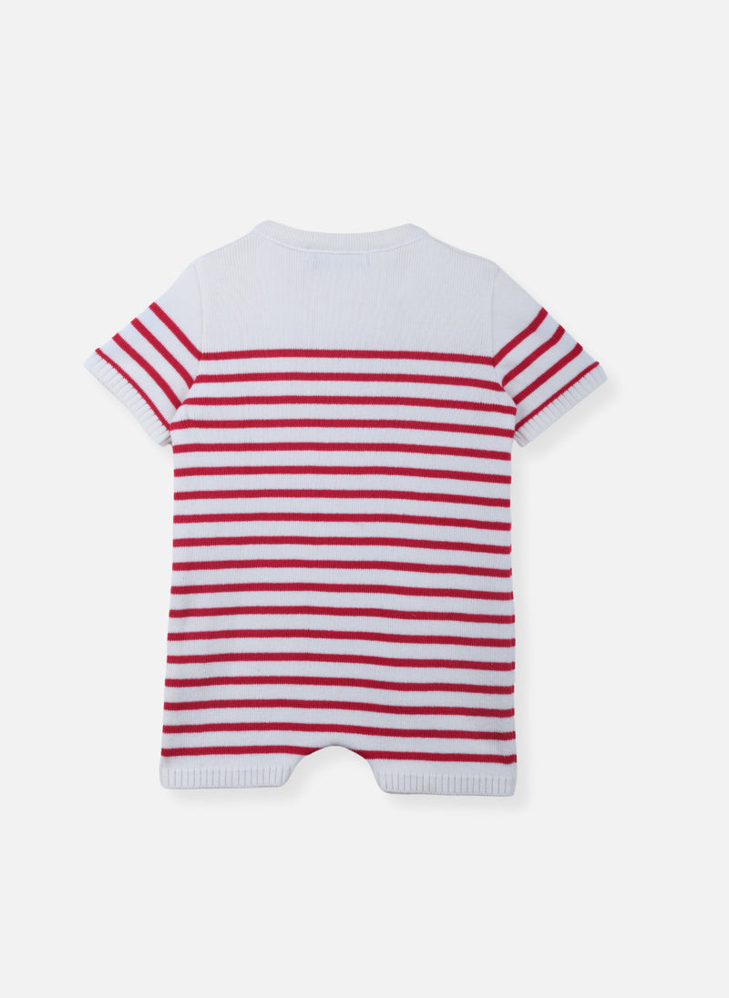 Combishort En Coton Bio - Écru À Rayures Fuchsia