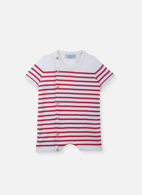 Combishort En Coton Bio - Écru À Rayures Fuchsia