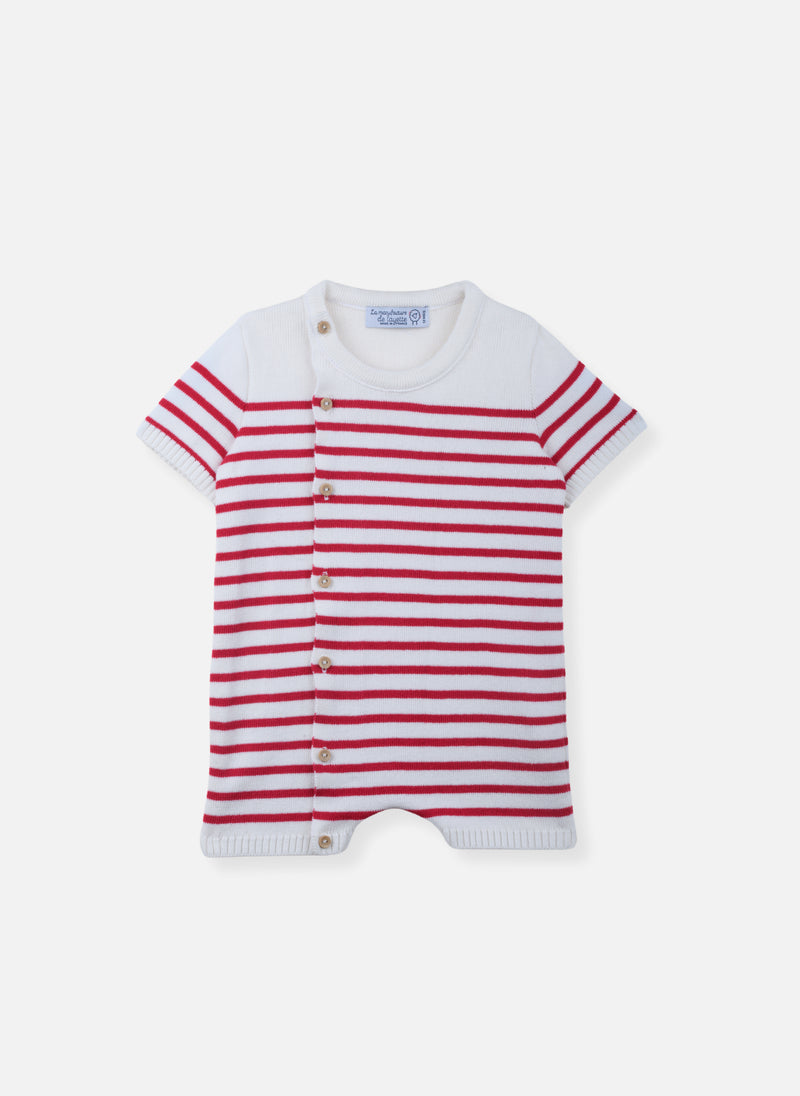 Combishort En Coton Bio - Écru À Rayures Fuchsia