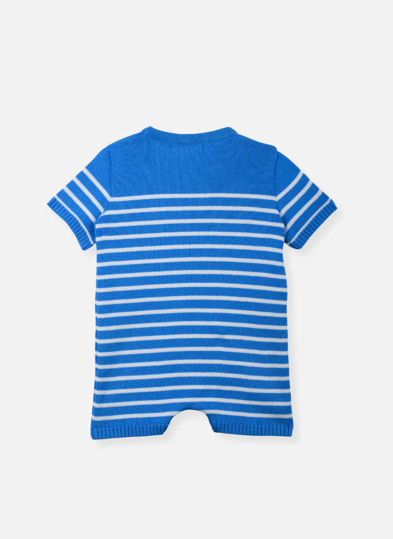 Combishort En Coton Bio - Bleu/Écru