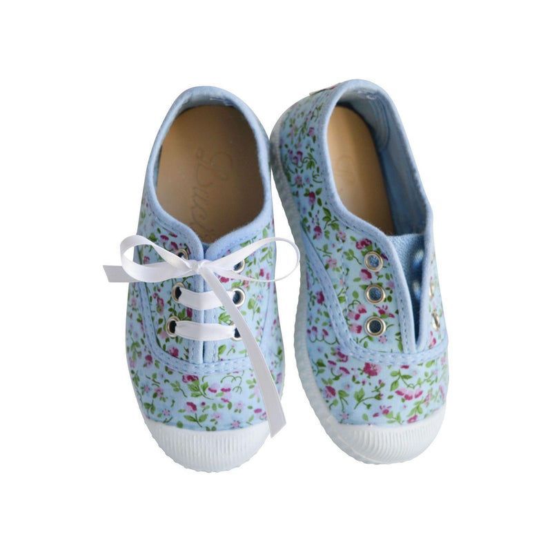 Chaussures Baskets Tennis En Toiles À Lacets Et Élastiques - Bleu Fleurs - Fille