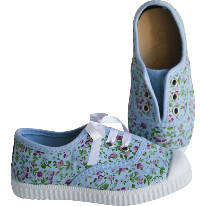 Chaussures Baskets Tennis En Toiles À Lacets Et Élastiques - Bleu Fleurs - Fille