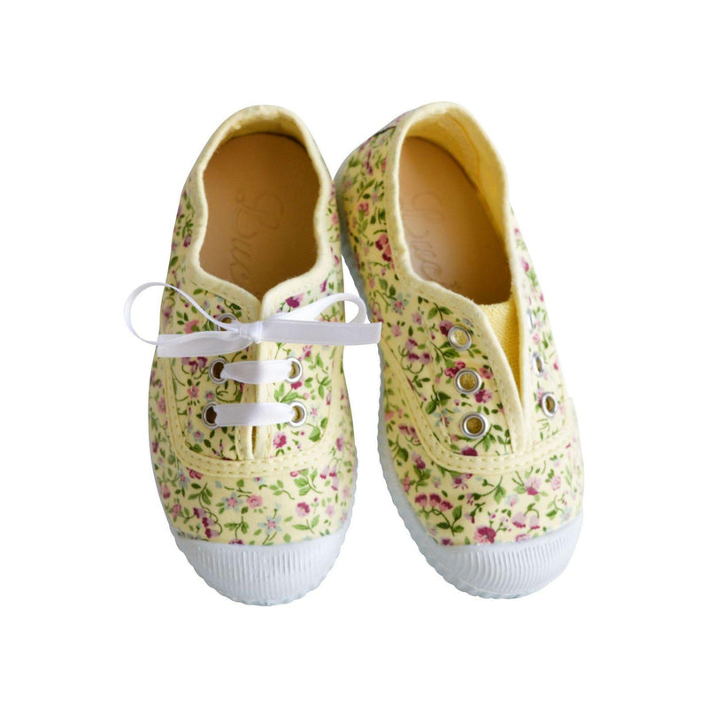 Chaussures Baskets Tennis En Toiles À Lacets Et Élastiques - Jaune Fleurs - Fille