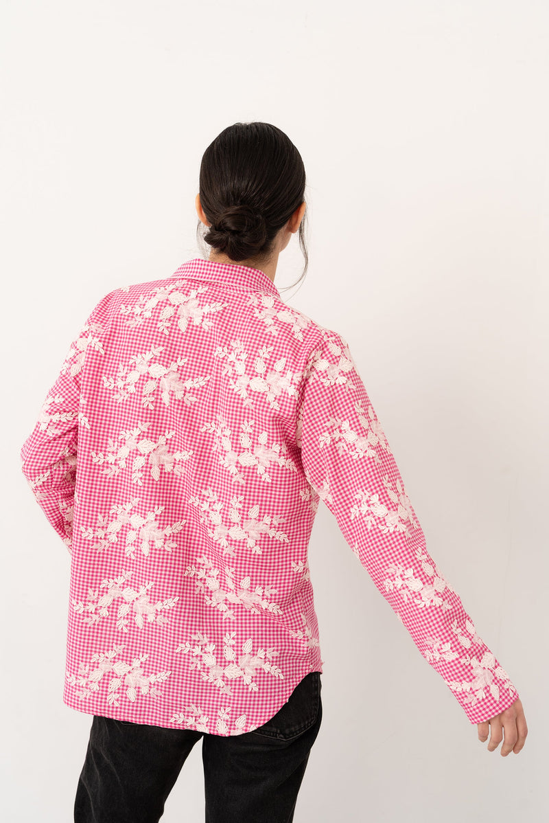 Camisa lazada bordada rosa - Vanó Studio