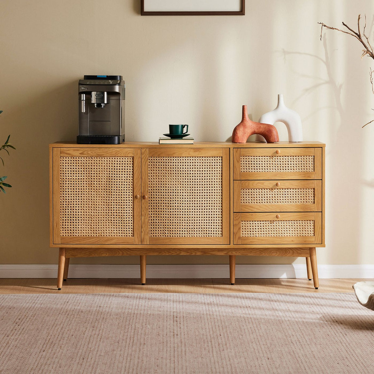 Lounea - Buffet 2 Portes 3 Tiroirs Avec Cannage - Naturel