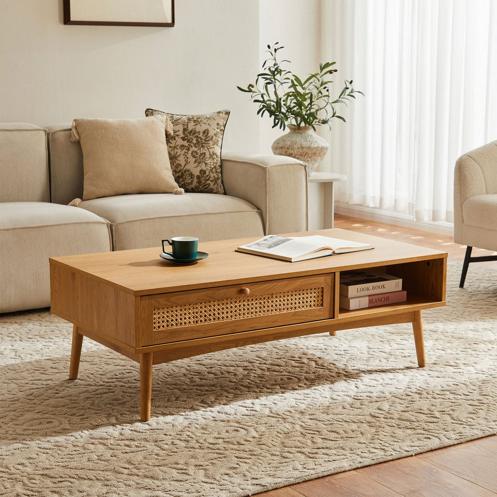 Lounea - Table Basse 1 Tiroir Avec Cannage - Naturel