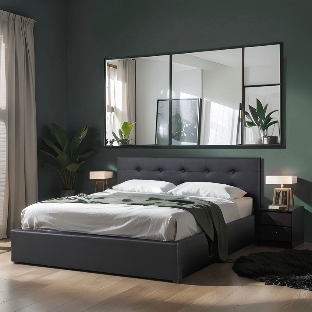 Tinali - Cama contenedor de Pu con cabecero + somier de láminas - Negro