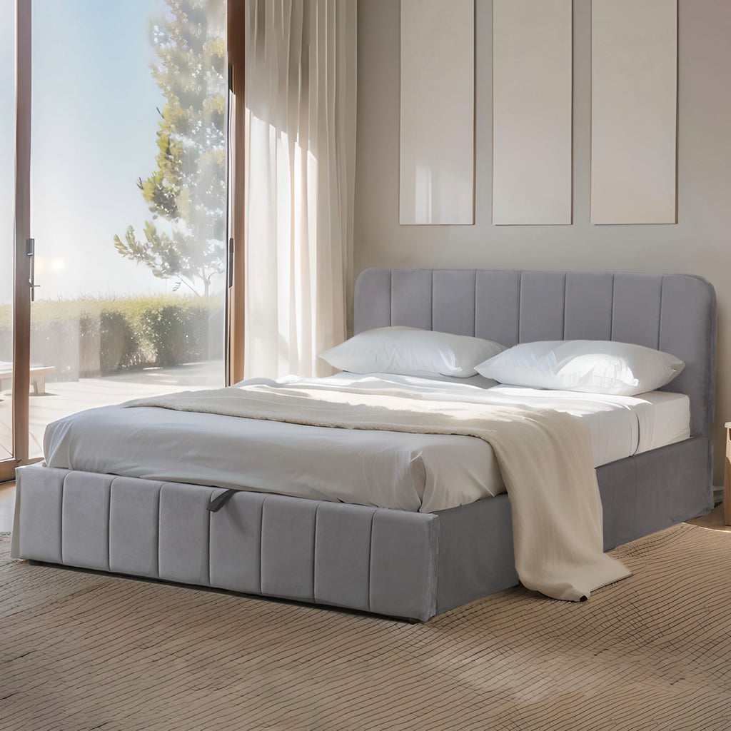 Aviala - Cama contenedor de terciopelo con cabecero + somier de láminas - Gris