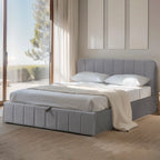 Aviala - Cama contenedor de terciopelo con cabecero + somier de láminas - Gris
