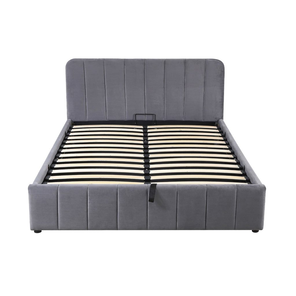 Aviala - Cama contenedor de terciopelo con cabecero + somier de láminas - Gris