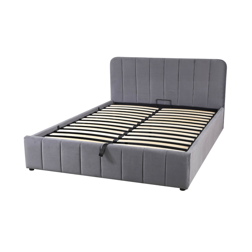Aviala - Cama contenedor de terciopelo con cabecero + somier de láminas - Gris