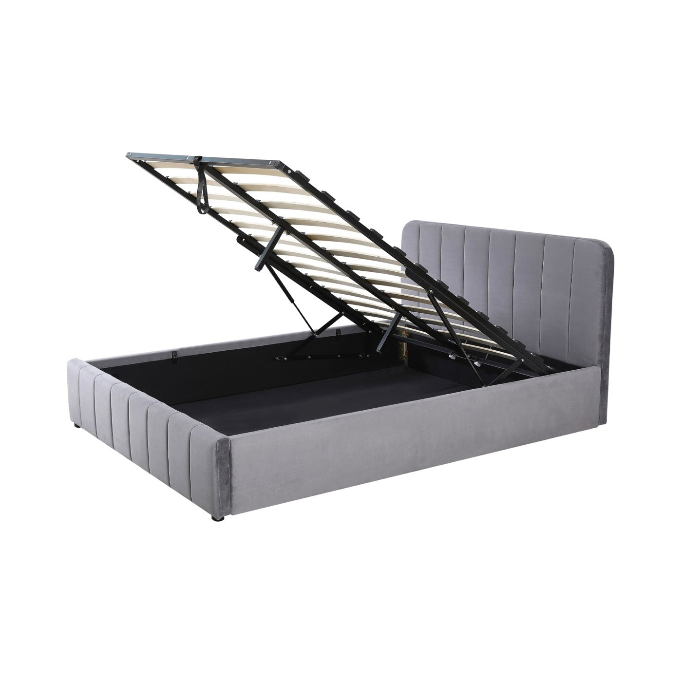 Aviala - Cama contenedor de terciopelo con cabecero + somier de láminas - Gris