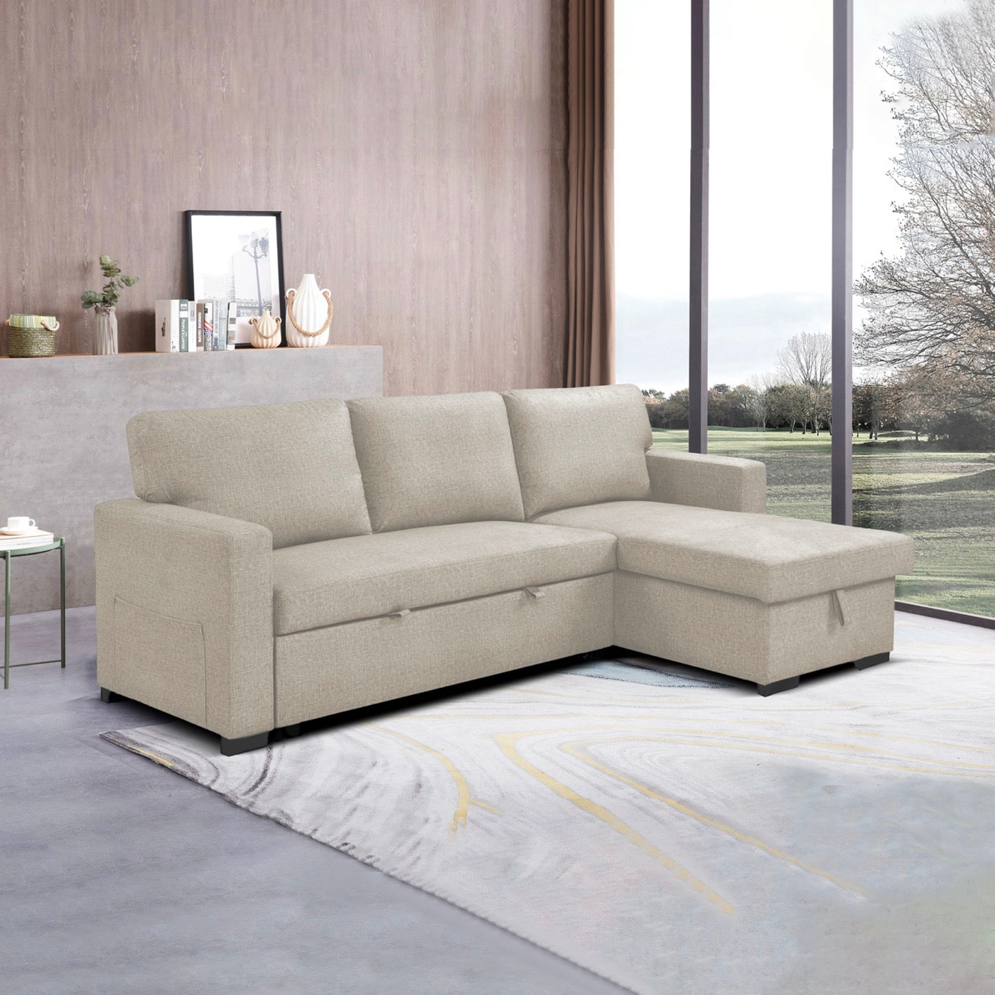 Cosy - Sofá esquinero de tela reversible y convertible - Beige