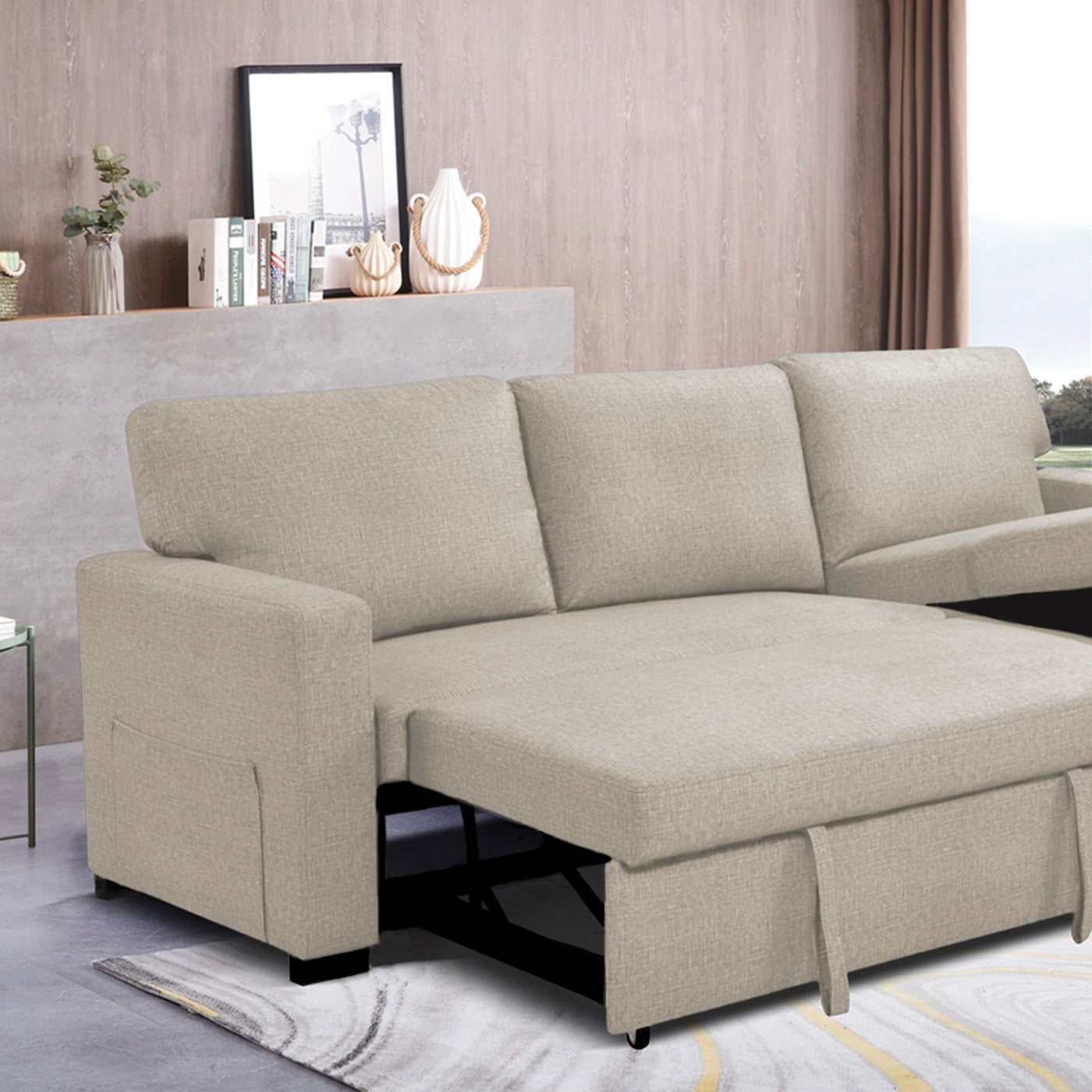 Cosy - Sofá esquinero de tela reversible y convertible - Beige