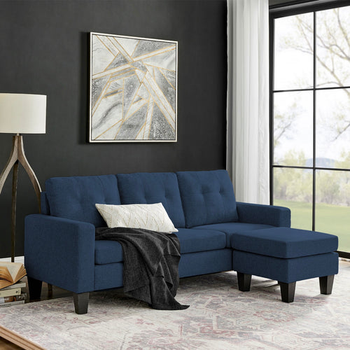 Lumina - Canapé D'Angle Réversible Avec Pouf En Microfibre - Bleu