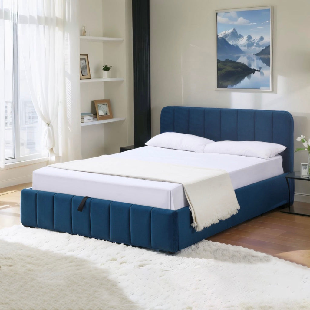 Aviala - Velvet Storage Bed With Headboard + Slatted Base - Blue