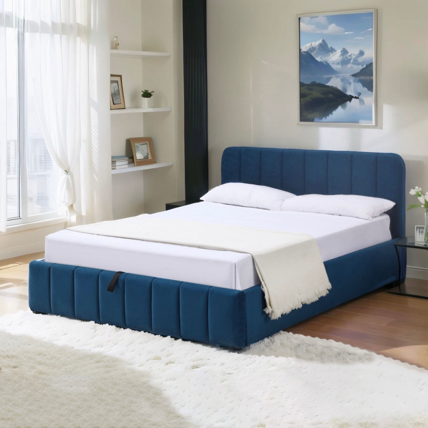 Aviala - Velvet Storage Bed With Headboard + Slatted Base - Blue