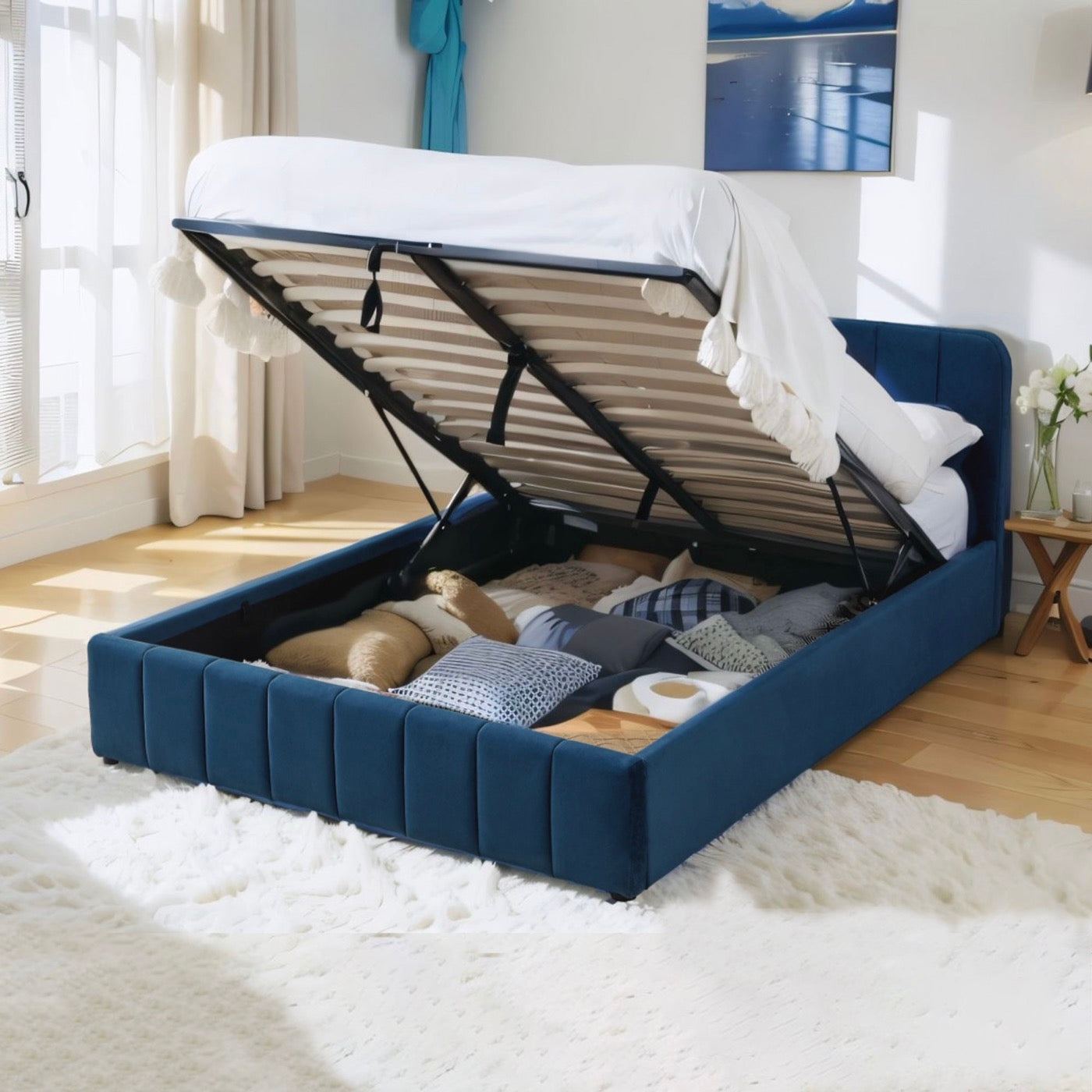 Aviala - Velvet Storage Bed With Headboard + Slatted Base - Blue