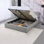 Aviala - Boucle Trunk Bed With Headboard + Slatted Base - Light Gray