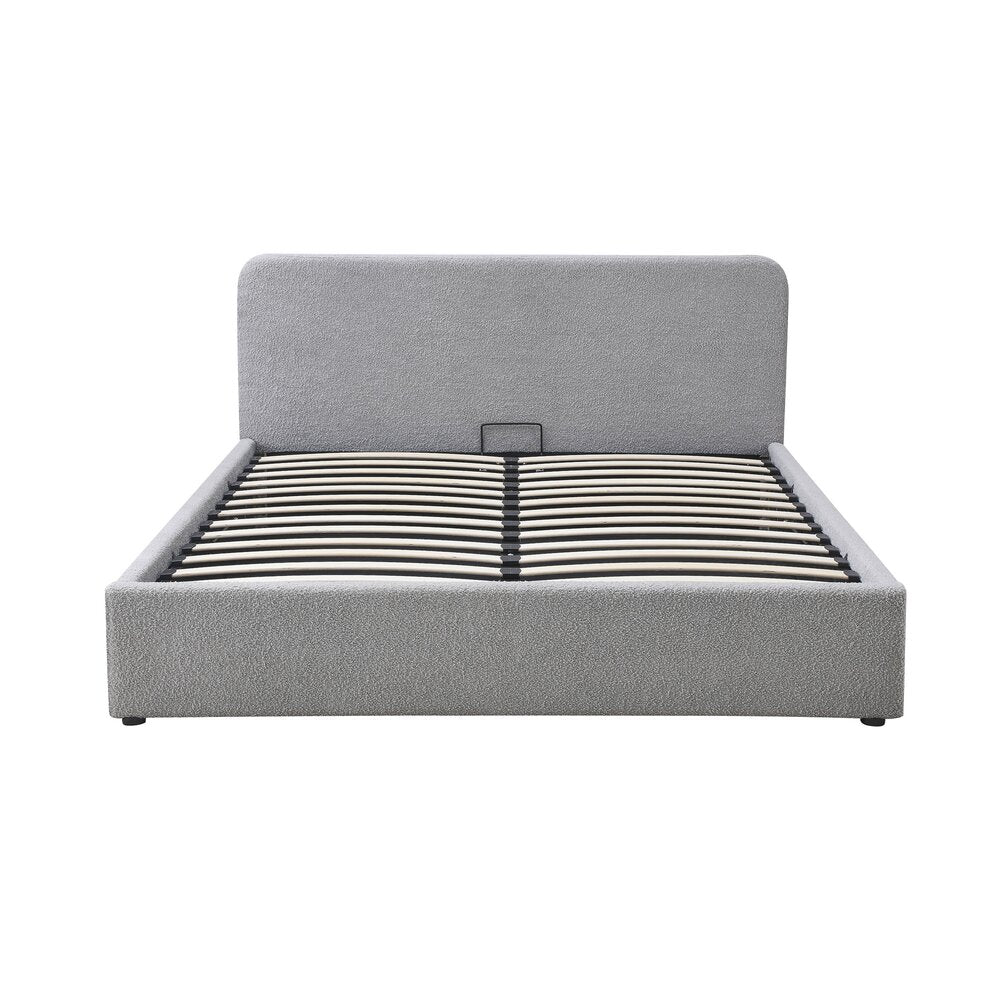 Aviala - Boucle Trunk Bed With Headboard + Slatted Base - Light Gray