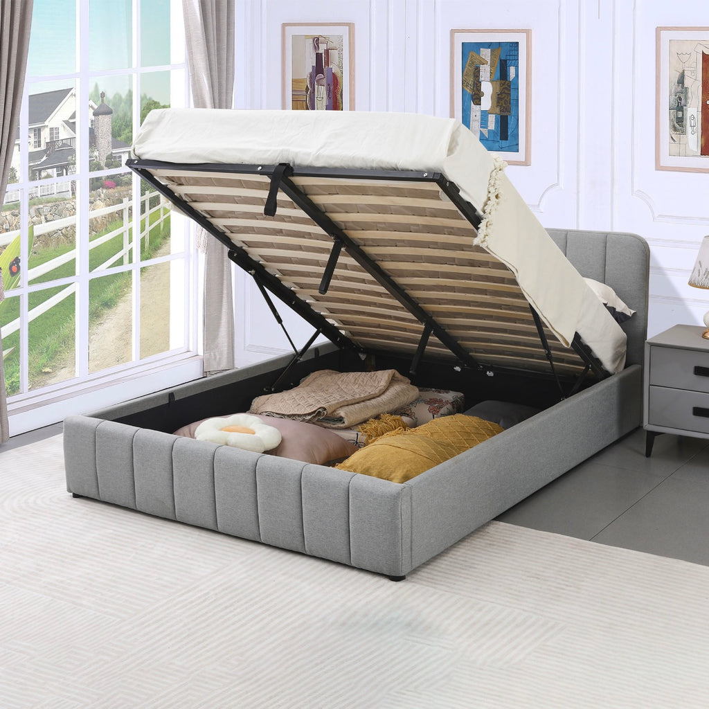 Aviala - Cama contenedor de tela con cabecero + somier de láminas - Gris