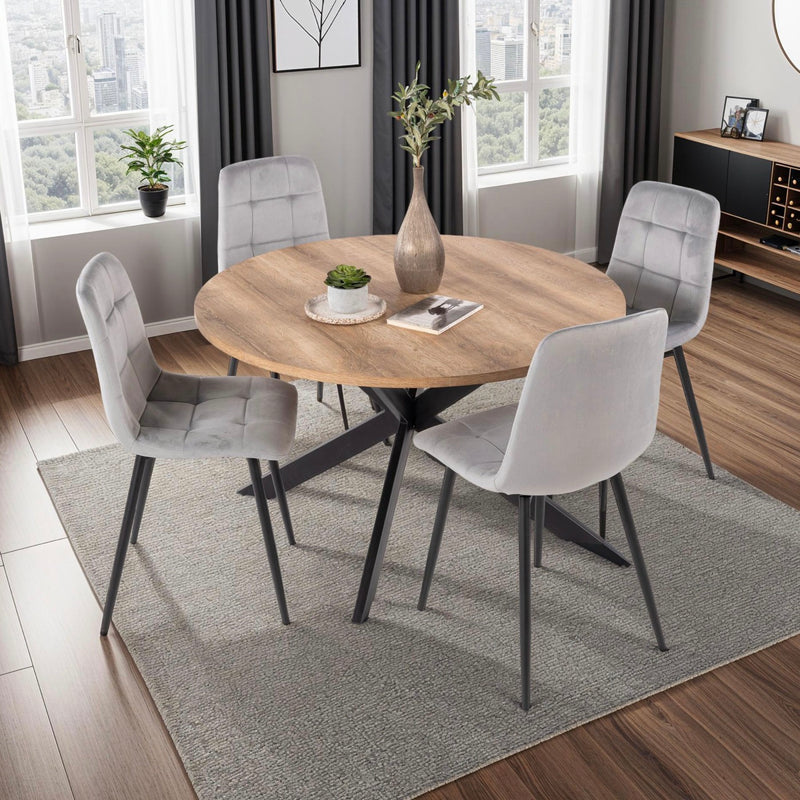 Dialo - Ensemble Table Ronde + 4 Chaises En Velours - Gris
