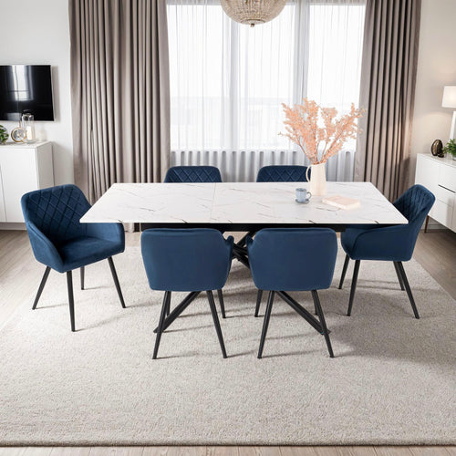 Mindy - Table Extensible + 6 Chaises En Velours - Marbre Blanc