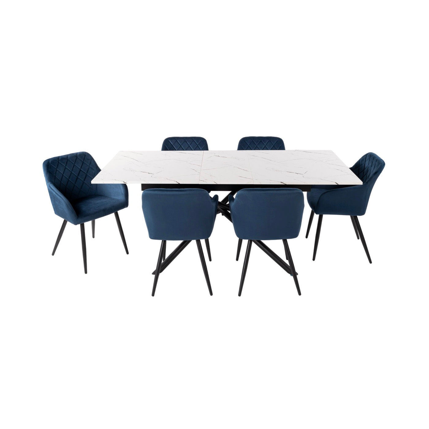 Mindy - Extendable Table + 6 Velvet Chairs - White Marble
