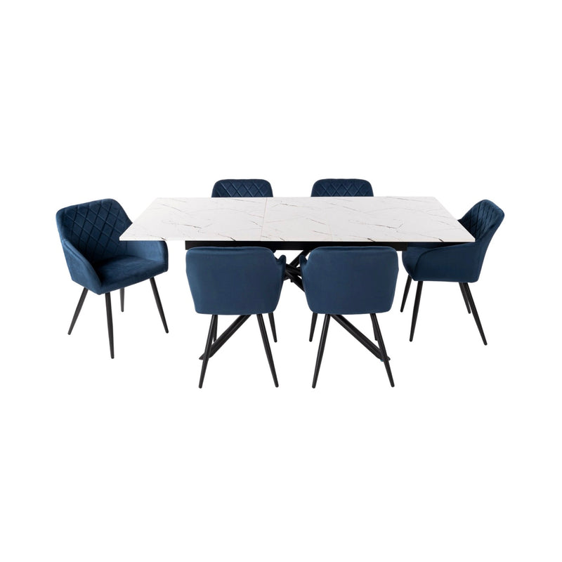 Mindy - Table Extensible + 6 Chaises En Velours - Marbre Blanc