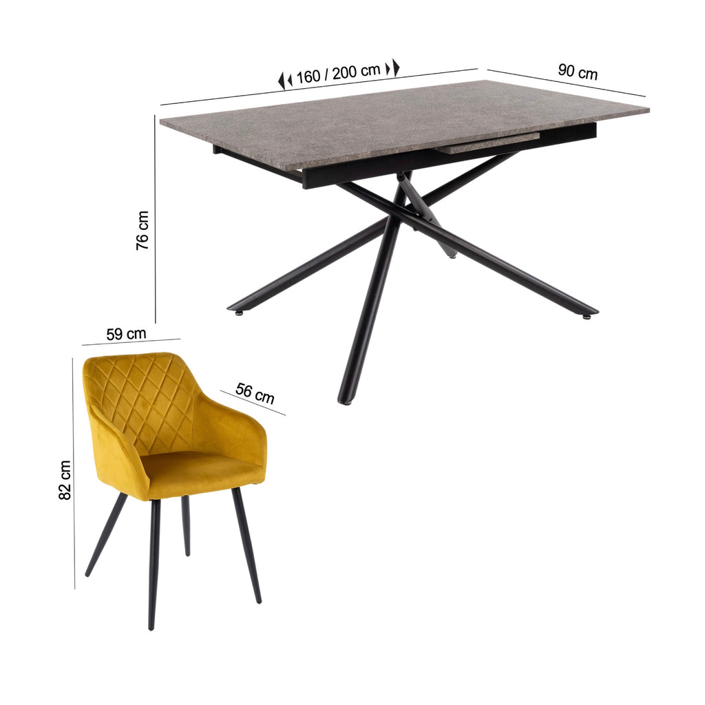 Mindy - Extendable Table + 6 Velvet Chairs - Gray