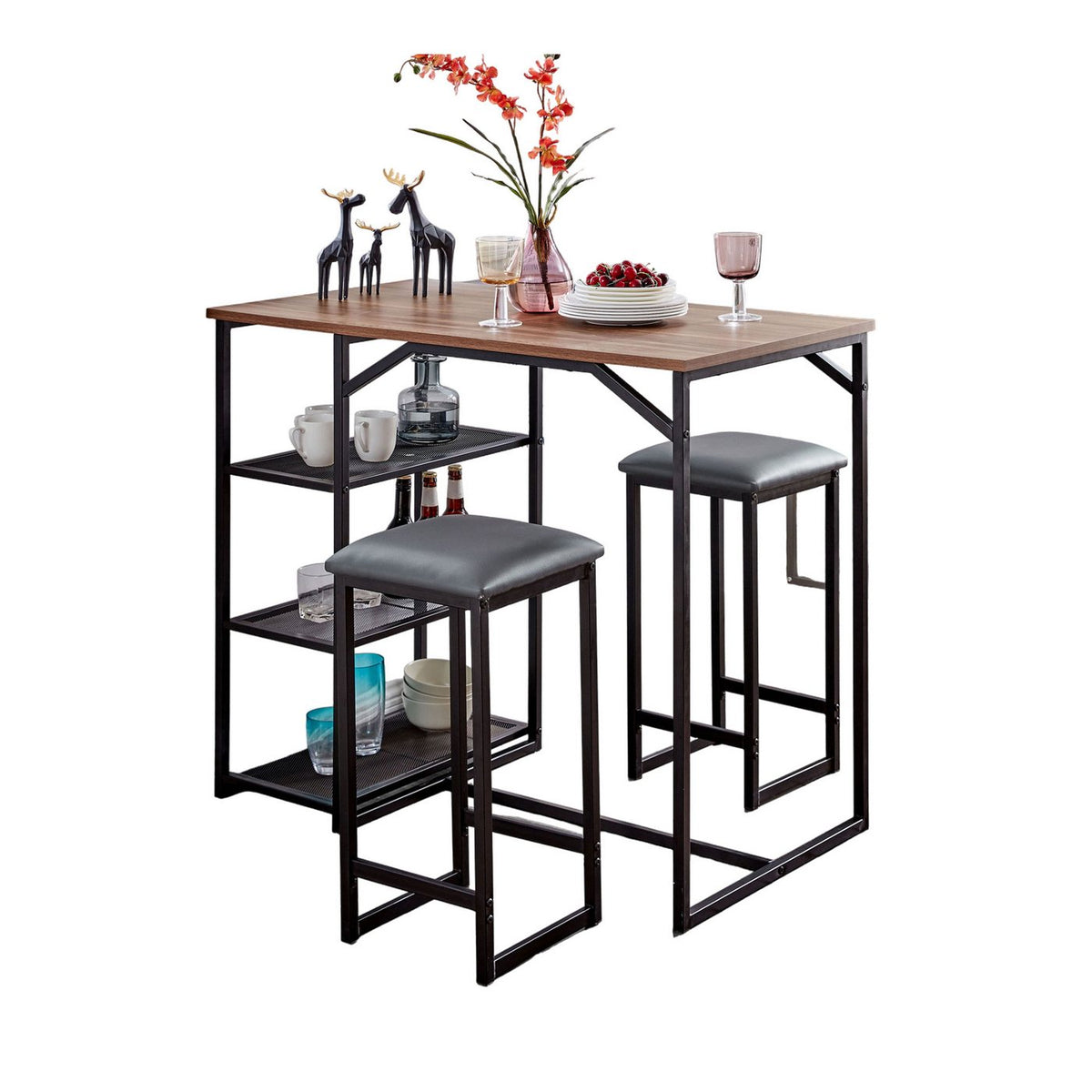 Table De Bar + 2 Tabourets - Naturel Et Noir