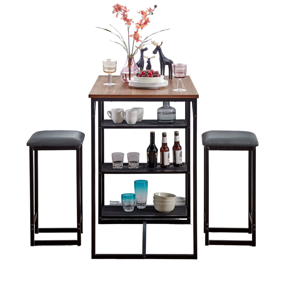 Table De Bar + 2 Tabourets - Naturel Et Noir