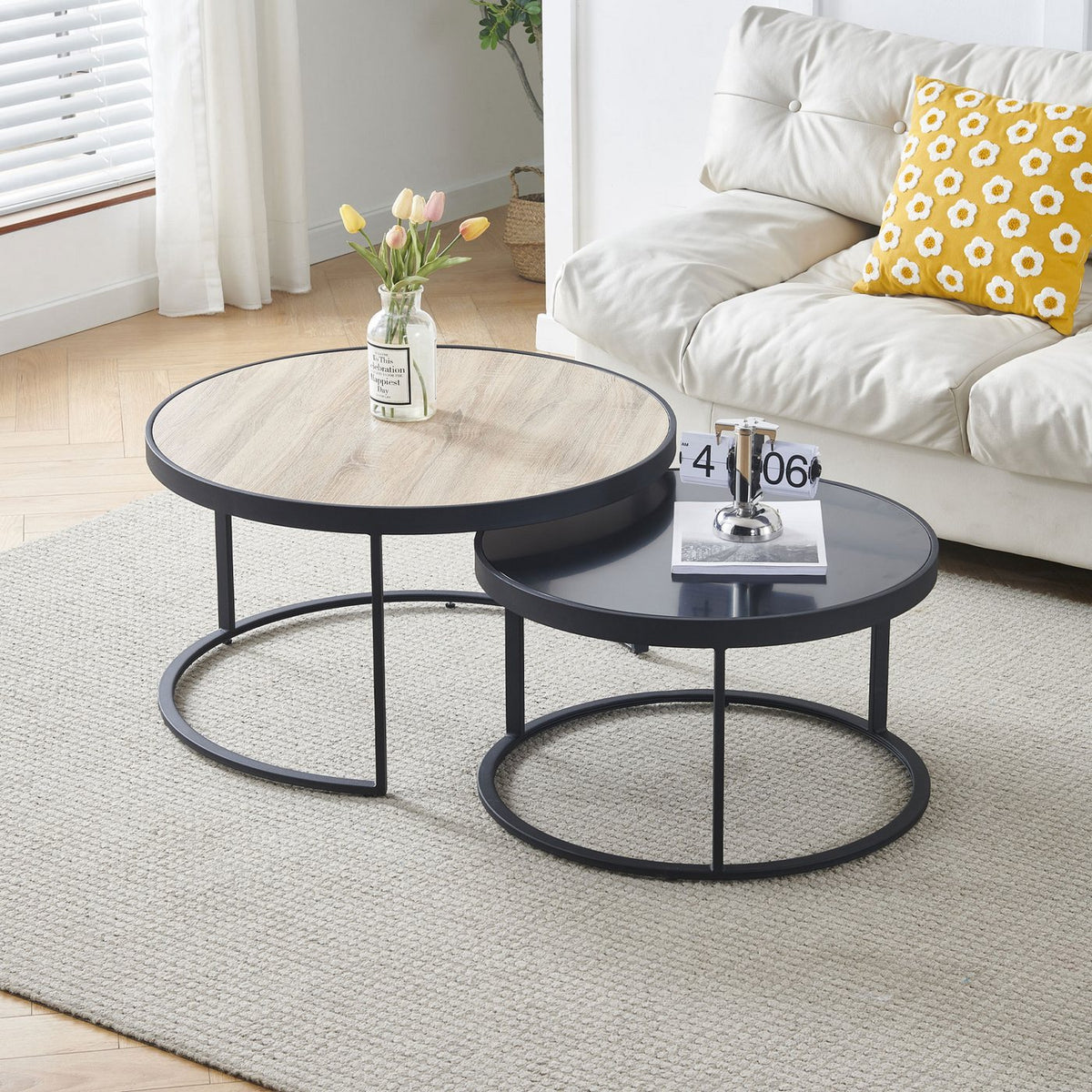 Lot De 2 Tables Gigognes Rondes - Naturel Et Noir