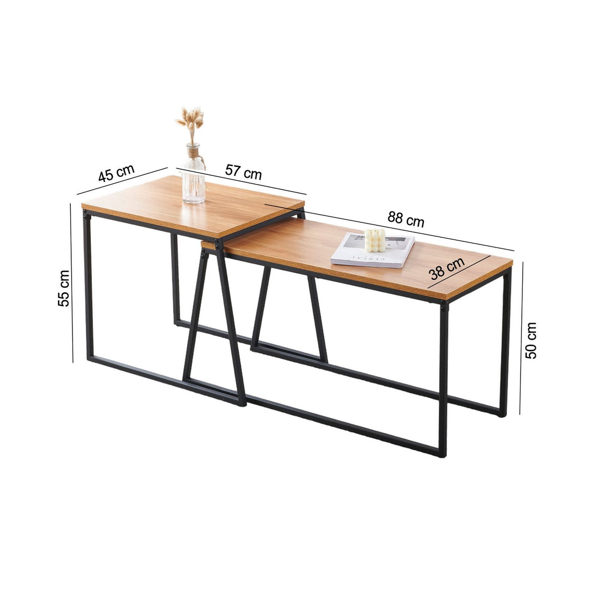 Lot De 2 Tables Gigognes Rectangulaires - Métal - Naturel Et Noir