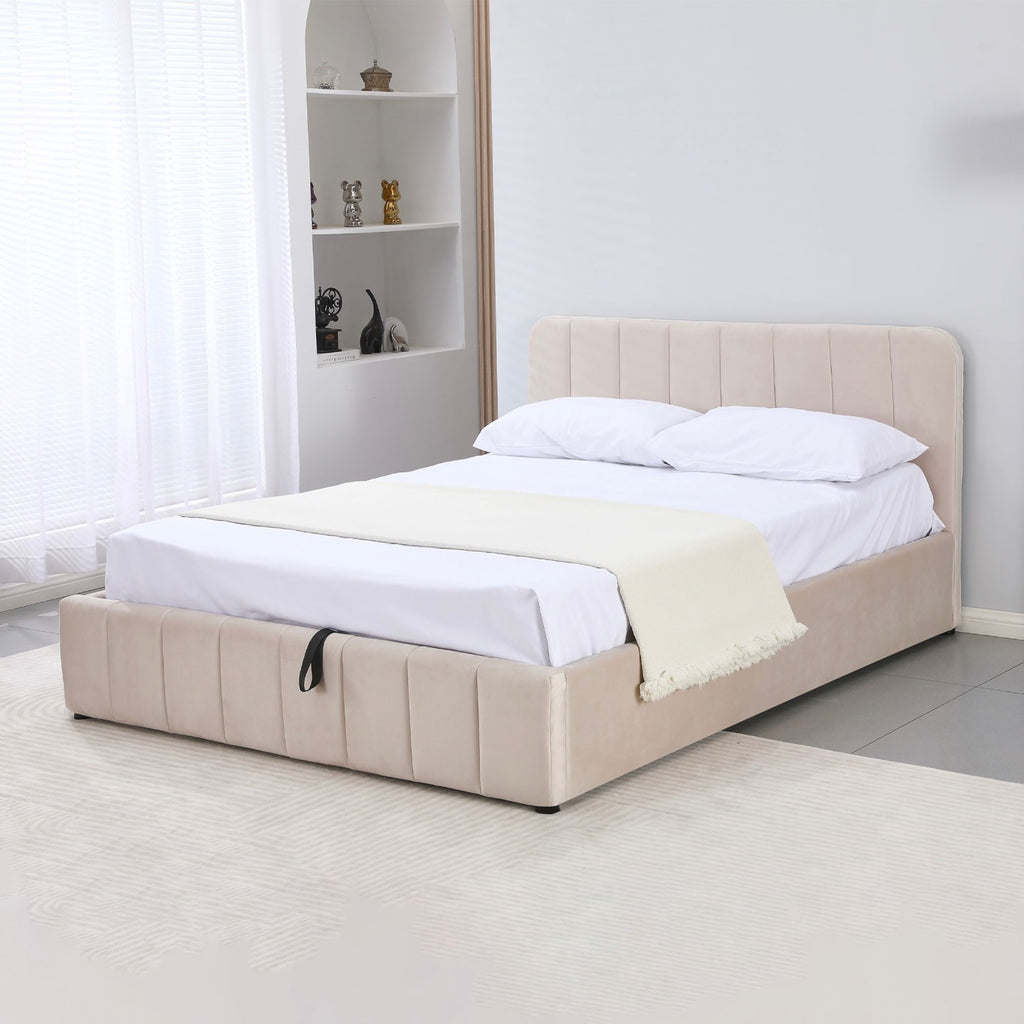 Aviala - Cama contenedor de terciopelo con cabecero + somier de láminas - Beige