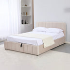 Aviala - Cama contenedor de terciopelo con cabecero + somier de láminas - Beige